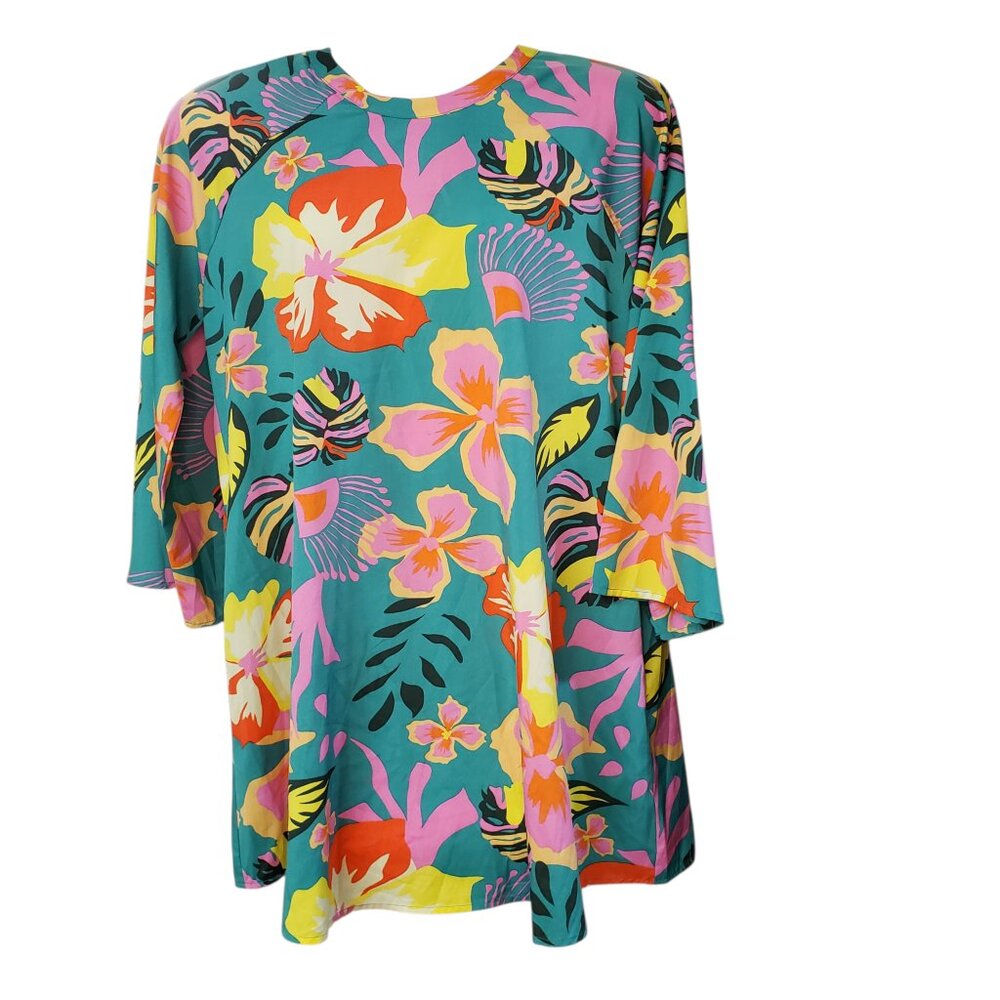 JODIFL Women's Dress Teal Multi Floral Ribbon Tie Closure Raglan Sleeve Size M